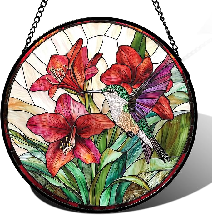 Stained Glass Window Hanging - Hummingbird On Red Lily Flower Sun Catcher for Door Garden Decor Suncatcher Christmas Mother's Day Birthday Gifts for Bird Lovers Women Men Mom Nana 6.3 in