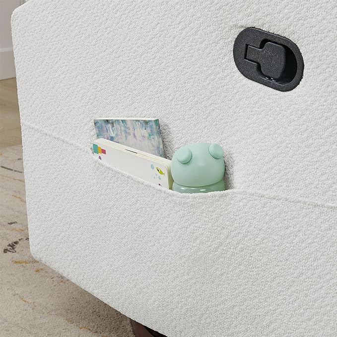 Upholstered Recliner Swivel Glider Nursery Chair Reclining Performance Fabric Rocker with Wood Base,Boucle,Ivory