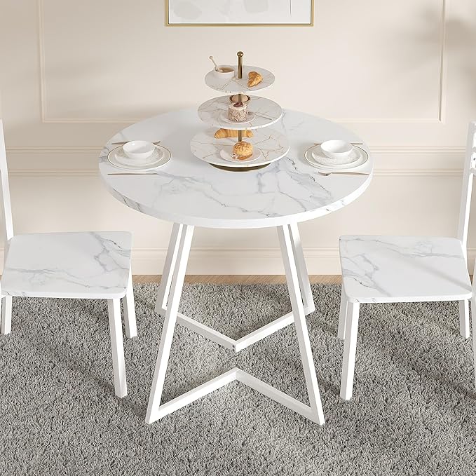 VECELO Round Dining Room Table with Wood Grain Tabletop and Steel Frame, for Kitchen, Living Room, Office, Conference, 2 to 4 Person, Fuax Marbled & White