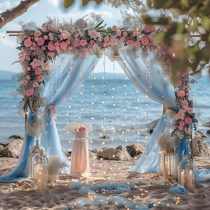 Fomcet Baby Blue Tulle Backdrop Curtains with Lights String 10FT X 8FT Sheer Curtain with Lights Tulle Curtains Backdrop for Wedding Birthday Party Photo Shoot (2 Panels 5x8FT)