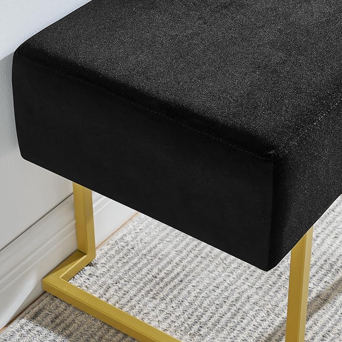 Modern Style Bedroom Single Seat Bench, Cushioned Bed end Stool, Living Room Sofa Stool, Footstool with Golden Iron Legs, Suitable for Bedroom and Living Room (Black, 21.65"x15.74"X16.53")