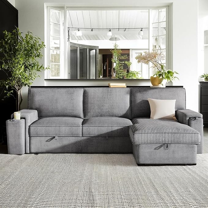96.1 Inch L-Shaped Convertible Sectional Sleeper Sofa with Pull Out Bed, Storage Bags and 2 Hidden Cup Holders on Arms, Upholstered Corner Couch for Living Room Office Apartment, Gray