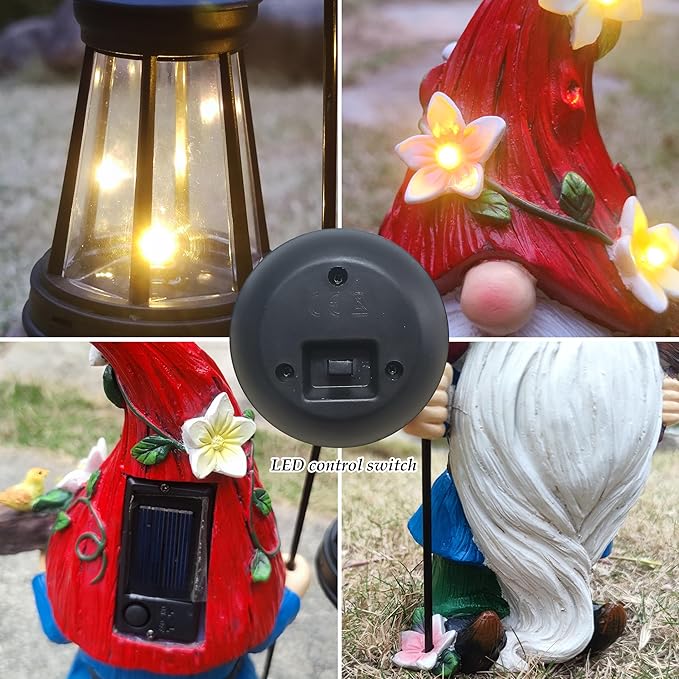 Solar Gnome Garden Statues Outdoor Décor with Lantern- Gnome Figurines Solar LED Light Lawn Ornaments - Yard Decorations for Patio, Balcony, Backyard -Unique House Warming Gifts for Mom