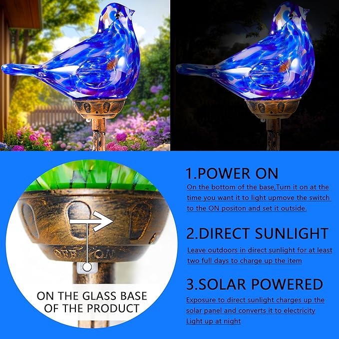 Decorative Solar Lights, Outdoor Solar Bird Stake Lights, Hand Blown Glass Decorative Garden Pathway Lights Outdoor Waterproof Glass Stakes (Dark Blue)