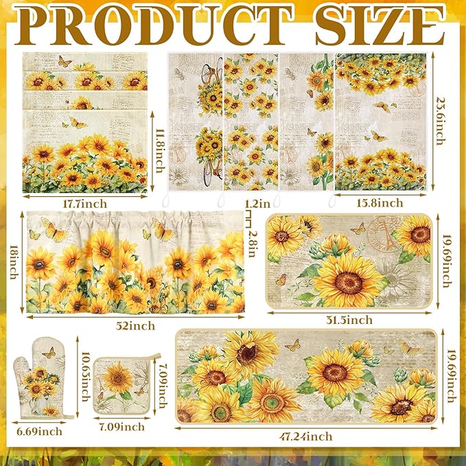 16 Pcs Farmhouse Sunflower Kitchen Decor Set 4 Kitchen Towels 2 Non Slip Rugs and Mats for Floor 4 Placemats 2 Curtains 2 Rustic Oven Mitts Gloves 2 Pot Holders for Home Decor Mom Cooking Gift
