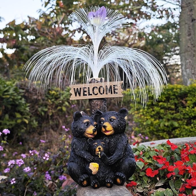 Solar Bear Garden Statues,Resin Black Bear Family Figurine with Welcome Card and 7-Color Changing Optical Fiber with Solar Lights, Lawn Decor Outdoor Statue for Patio,Balcony,Yard,Lawn