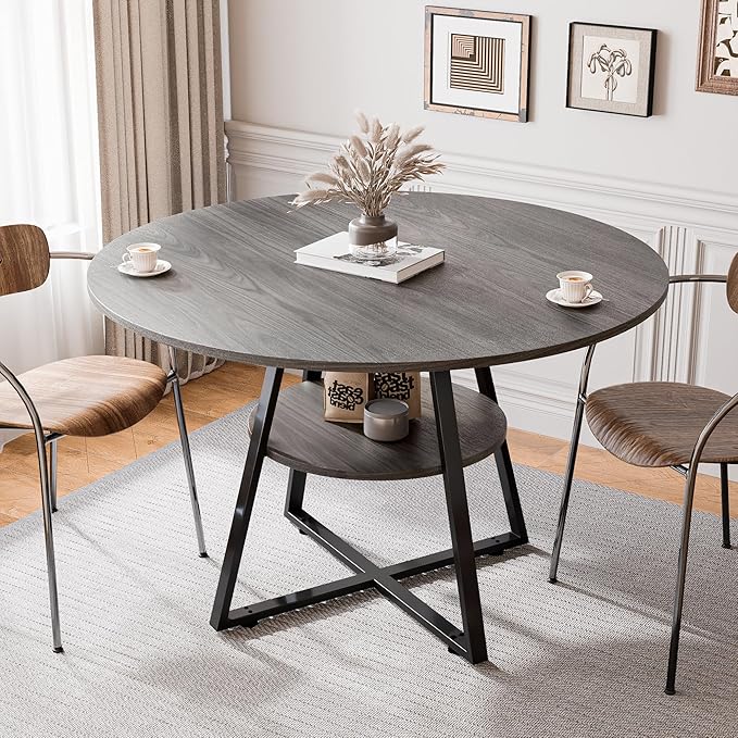 47" Round Dining Table for 4, Kitchen Dining Table with Storage, Wood Circle Dinner Table, Space Saving Dining Room Furniture for Kitchen, Living Room