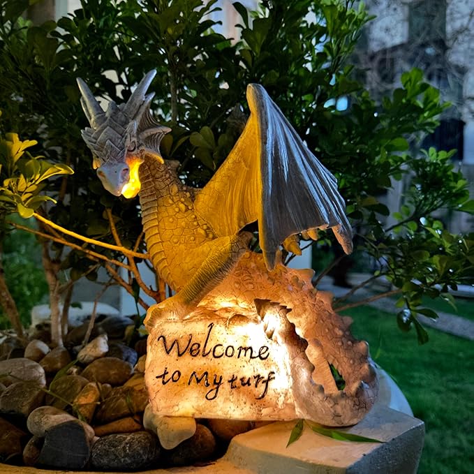 Garden Large Dragon Statue Solar Powered Outdoor Figurine Light The Dragonfire Welcome to My Turf Sign Big Resin Sculpture Home Decoration Housewarming Ornament Unique Gift