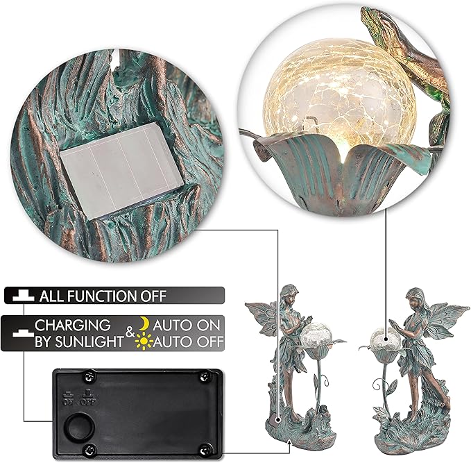 TERESA'S COLLECTIONS Garden Fairy Large Bronze Garden Sculptures & Statues Resin with Solar Outdoor Light, Valentines Decorations Lawn Ornaments for Outdoor Decor, Gifts for Women Mom, 10.6"