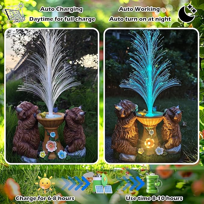 Solar Highland Cow Garden Decor -Resin Highland Cows Figurines Lights and Colour Changing Optical Fiber with Solar LED Lights,Outdoor Statues Decoration for Patio Yard Lawn