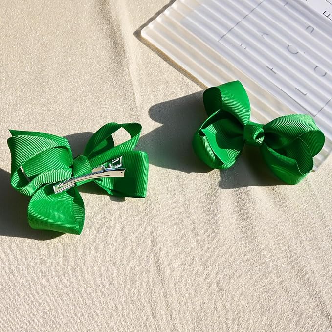 6 PCS 3' Hair Bows Clips for Girls Alligator Clips Grosgrain Ribbon Hair Accessories Toddler Bows for Girls Kids-Green