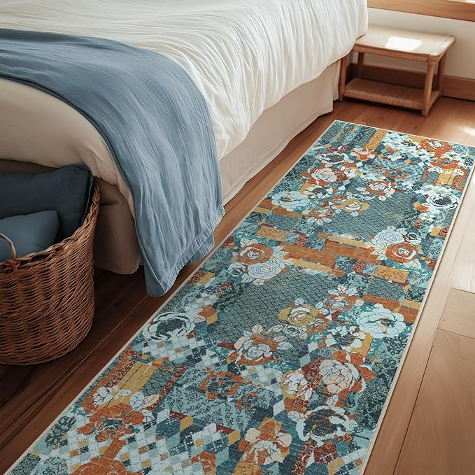GENIMO Floral Runner Rug 2X6, Machine Washable Non Slip Vintage Patchwork Hallway Runner, Ultra-Thin Low Pile Runners for Indoor Entryway, Hallway, Kitchen and Corridor, Navy Blue