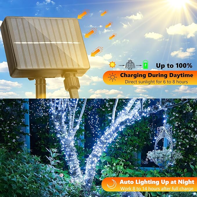 Joomer Solar Christmas Lights Outdoor, 105FT 300 LED 8 Modes Solar String Lights Waterproof Fairy Tree Lights for Garden Yard Patio Christmas Decoration(White)