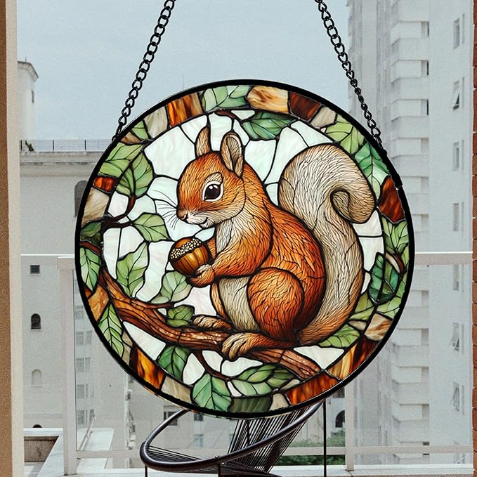 Stained Glass Window Hanging, Squirrel on a Branch Suncatcher Diamond Glass Panel Animal Sun Catchers Decor for Birthday for Women, Men, Wife, Aunt, and Mom 14.9x14.9 in