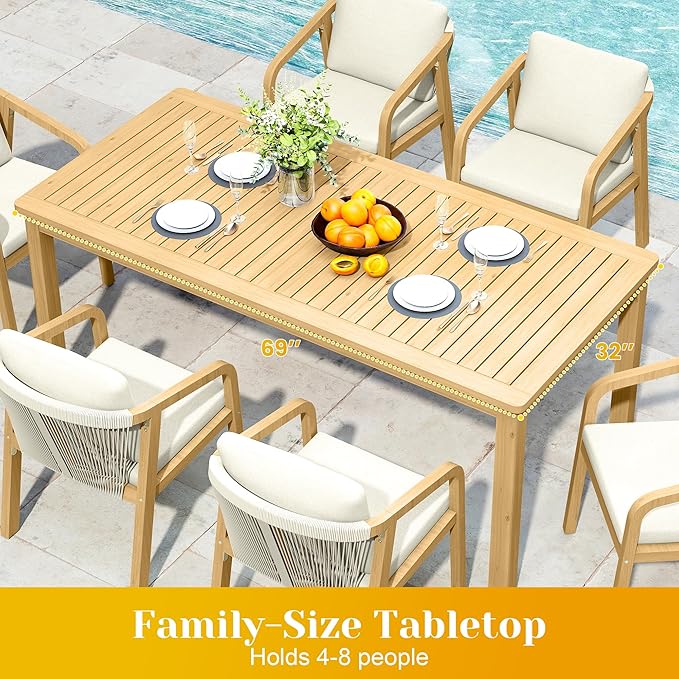 7-Piece Outdoor Dining Set for 6 with 23" Extra Wide Chair and Cushion，Patio Table and Chairs Set with All Acacia Wood Frame, All-Weather PE Rattan Outdoor Patio Furniture Set for Lawn Garden, Beige