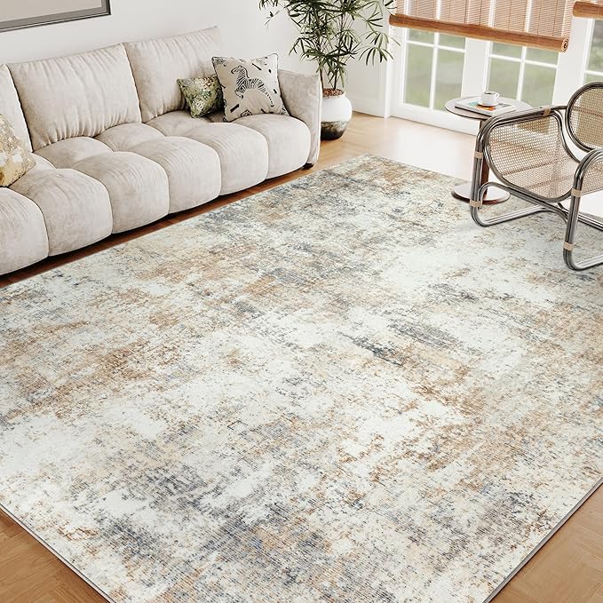6x9 Washable Area Rug Gold Grey Neutral Abstract Living Room Bedroom Large Throw Rug Non Slip Soft Low Pile Indoor Floor Carpet for Dining Room Kitchen Office Entryway