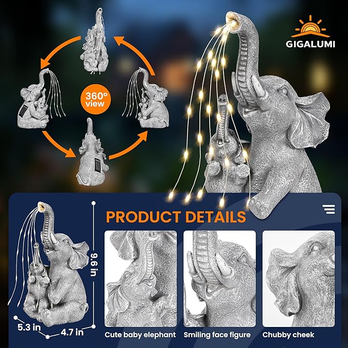 GIGALUMI Solar Garden Outdoor Statues for Women, Mom, Grandma. Elephant Figurine Housewarming and Birthday Gifts Outdoor Statue Light Decor Ornament for Backyard, Patio, Balcony, Lawn, Pond