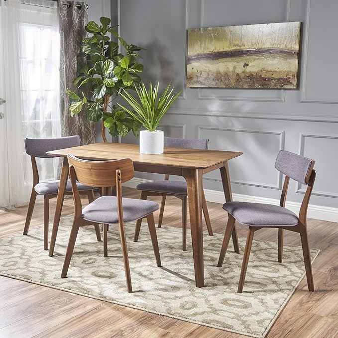 Christopher Knight Home Megann Mid-Century Wood Dining Set with Fabric Chairs, 5-Pcs Set, Natural Walnut / Dark Grey