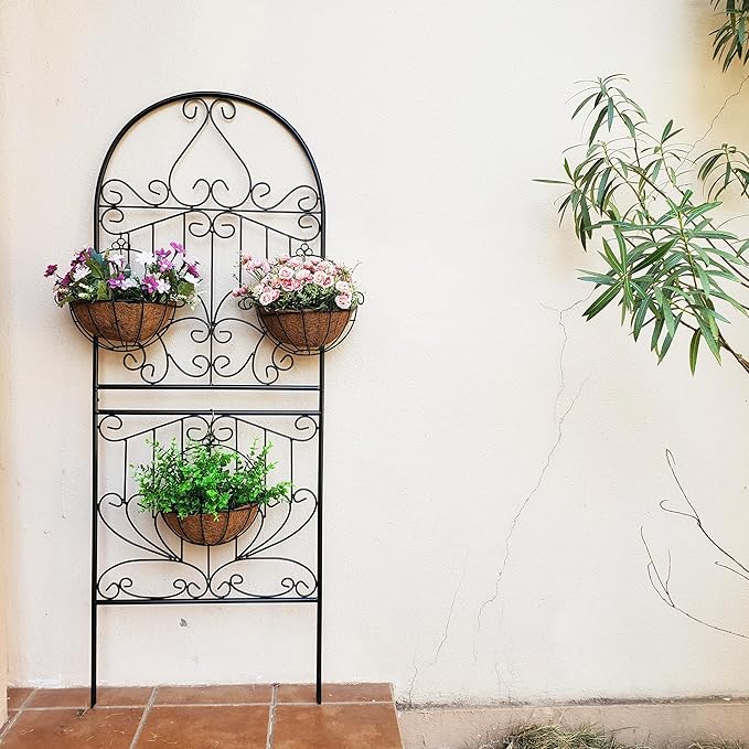 Trellis for Climbing Plants 59" H x 22" W Metal Unique Design Decorative Garden Structure Weather-Resistant Lattice Outdoor Decor Flowers Roses Vine Ivy Clematis Black Coating 1 Pack