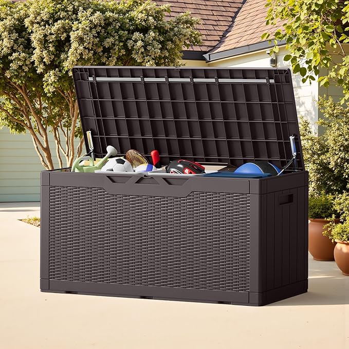 Greesum Outdoor Storage Box 100 Gallon Storage Bin with Lid for Patio Furniture, Garden Tools, Pool Supplies, Lockable, Waterproof and UV Resistant, Dark Brown