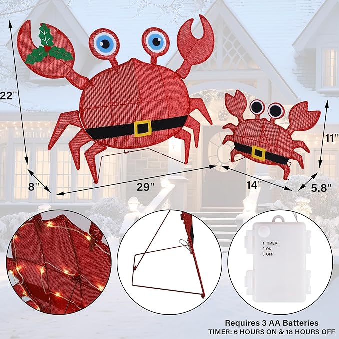 Prsildan Outdoor Christmas Decorations - Set of 2 LED Lighted Crab Yard Decor, 2D Battery Operated Holiday Lawn Figures for Porch, Garden, Home, Xmas Party Decor (Red)