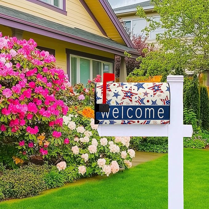 Welcome Star Mailbox Magnetic Covers 4th of July Mailbox Cover Patriotic Post Letter Box Cover Wrap Fourth of July Mail Box Decorations for Outside Garden Standard Size 21x18 in