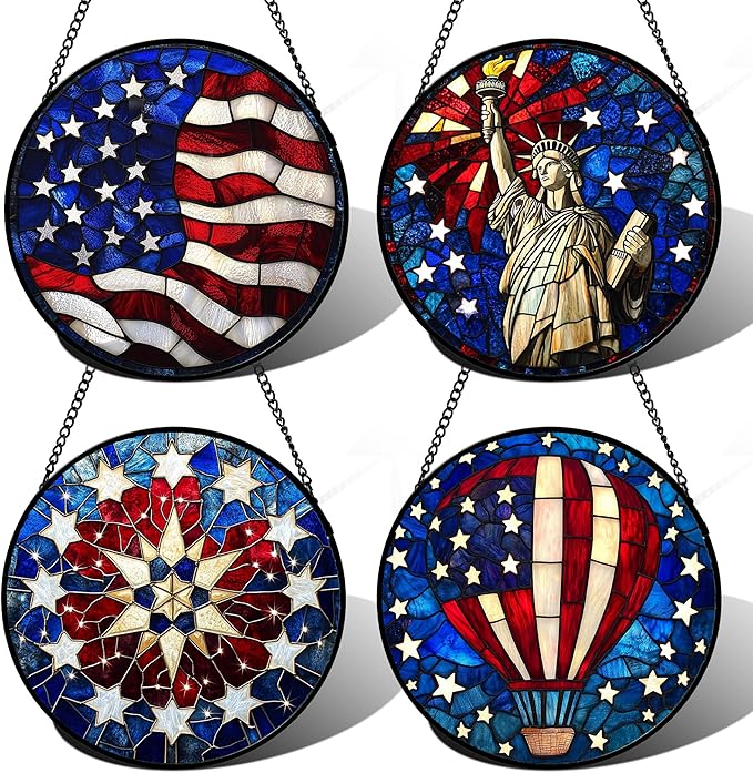 Stained Glass Window Hanging 4 Pcs Set Red Blue Flag Freedom Theme 9.8" - Suncatcher Door Garden Sun Catcher Decor Birthday Christmas for Mom Woman Nana Men Friend