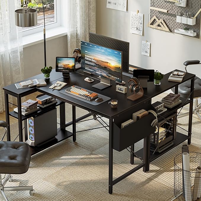 L Shaped Computer Desk with Reversible Shelves, 40 Inch Small Corner Desk with Storage Bag, Gaming Desk Computer Table Study Writing Table for Home Office Bedroom Small Space, Black