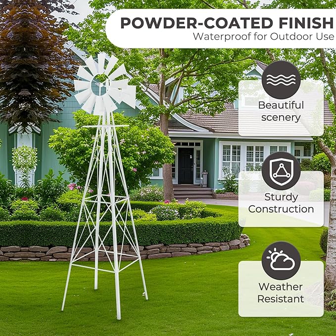 Outvita 8FT Ornamental Windmill for Yard, Heavy Duty Durable Metal Weather Vane Garden Decoration Weather Resistant for Garden, Farm, Seaside