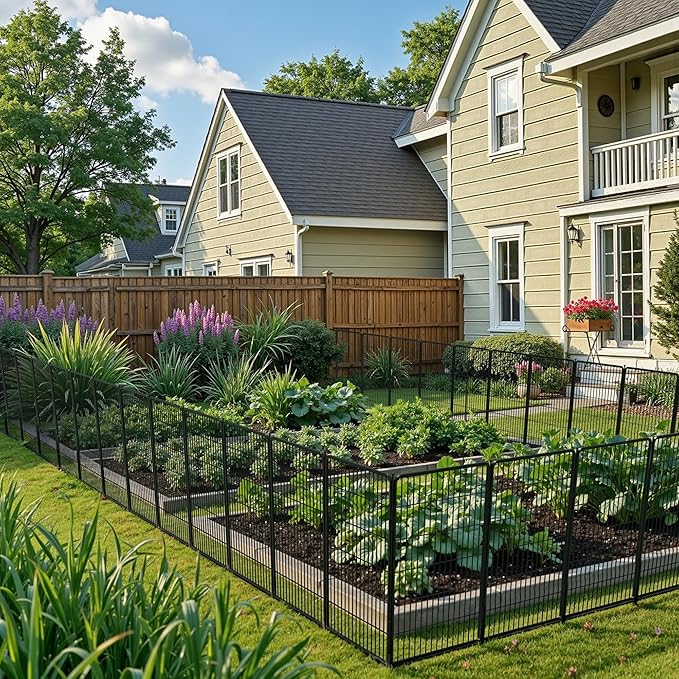 SunsGrove Garden Fence with Gate, 24 in(H) x 29.7 ft(L) 16 Panels Heavy Duty Metal Animal Barrier Fence for Yard, Suitable for Indoor or Outdoor Dog Pet Fence, Garden Fence Border, Black