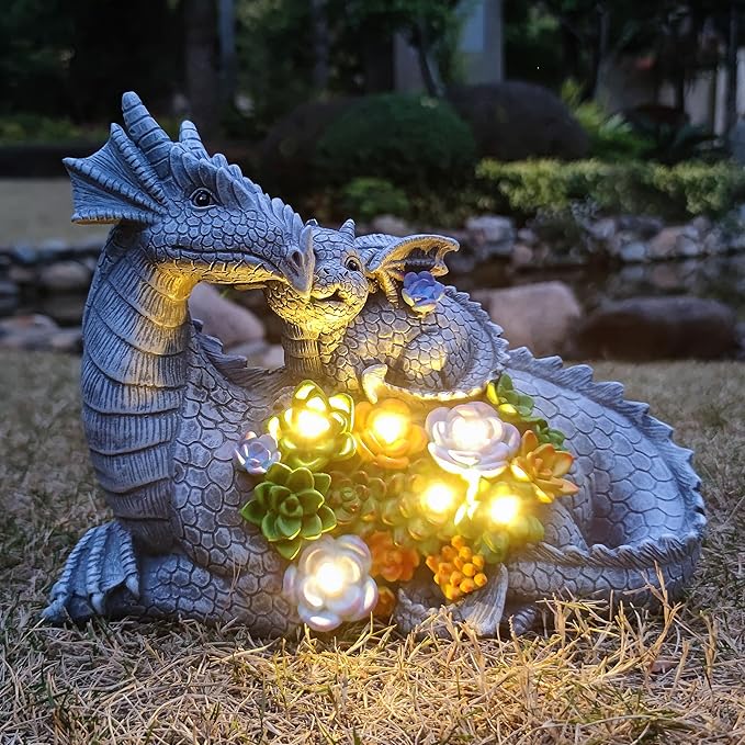 Solar Dragon Garden Statues Outdoor Decor, Resin Dragon Figurine with Succulent and 6 LED Lights Lawn Patio Balcony Art Decoration,Housewarming Birthday Gifts for Grandma Mom Women
