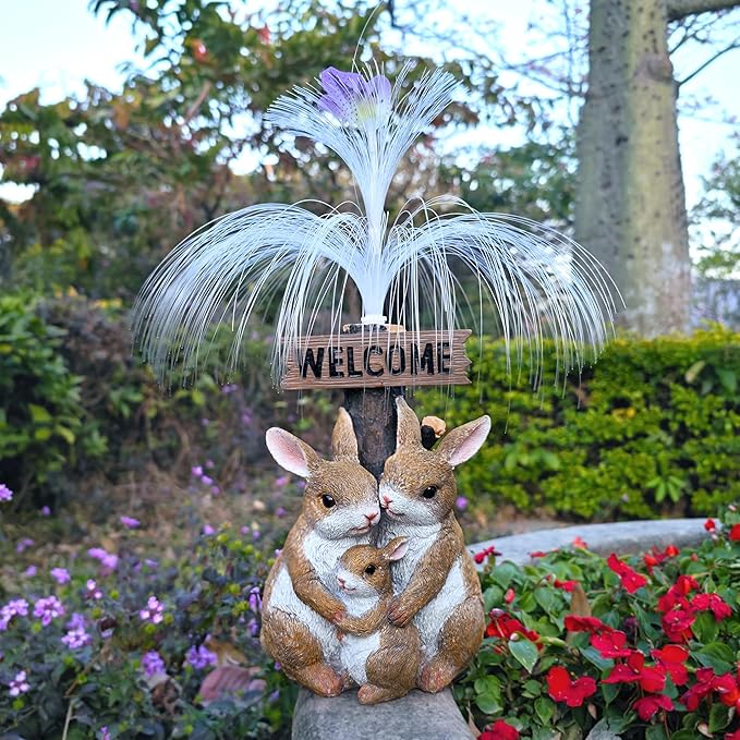 Solar Rabbit Garden Statues,Resin Rabbit Family Figurine with Welcome Card and 7-Color Changing Optical Fiber with Solar Lights, Lawn Decor Outdoor Statue for Patio,Balcony,Yard,Lawn