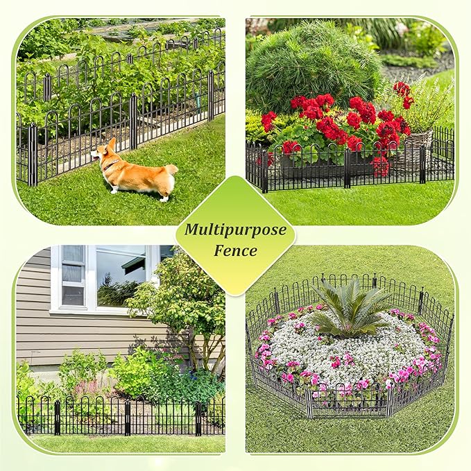 Bepatio Decorative Garden Fence Animal Barrier with Gate, 11.8in (H) x 16ft (L) 10 Panels Dog Fence Outdoor for Yard, Heavy Duty Metal Fence Border, Flower Bed, Easy Setup, Black