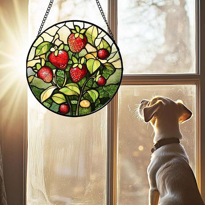 Stained Glass Window Hanging - Red Strawberry Suncatcher for Doors Window Home Green Plant Sun Catchers Decor Christmas Mother's Day Birthday Gifts for Teacher Women Men Mom Nana 6.3 in