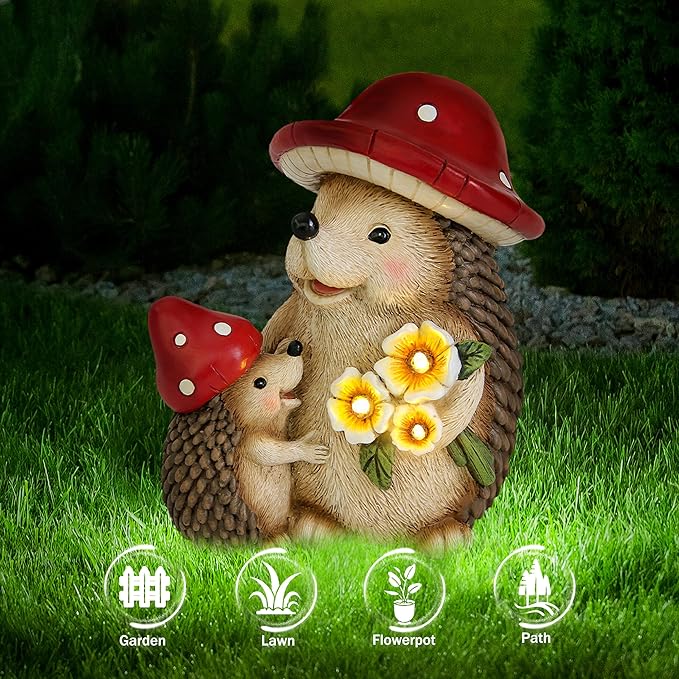 Solar Hedgehog Garden Statue Lights for Outdoor Decor, Resin Hedge hog Figurine Lighting Decorations, Patio Yard Lawn Ornaments Birthday Gifts for Women Mom Grandma