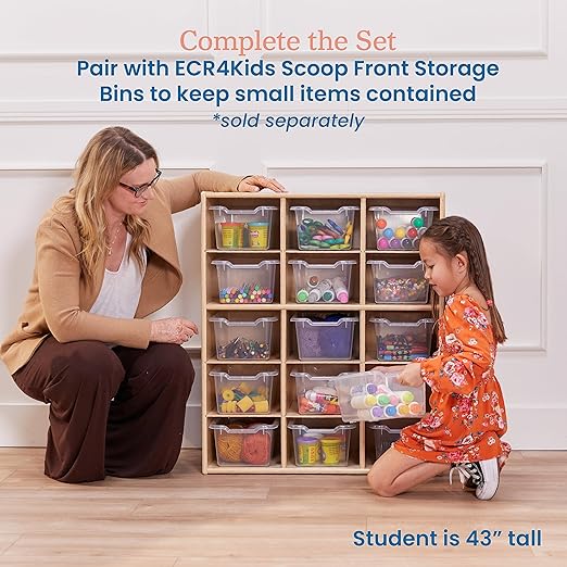 ECR4Kids Streamline 15 Cubby Tray Storage Cabinet, 5x3, Classroom Furniture, Natural