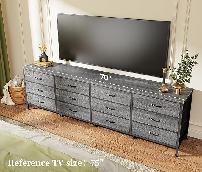 Huuger 70 Inch Dresser for Bedroom, TV Stand for 65, 75, 80 Inch TV, 12 Fabric Drawer Long Dresser, Large Storage Organizer Unit, Wide Chest of Drawer with Storage, for Living Room, Grey