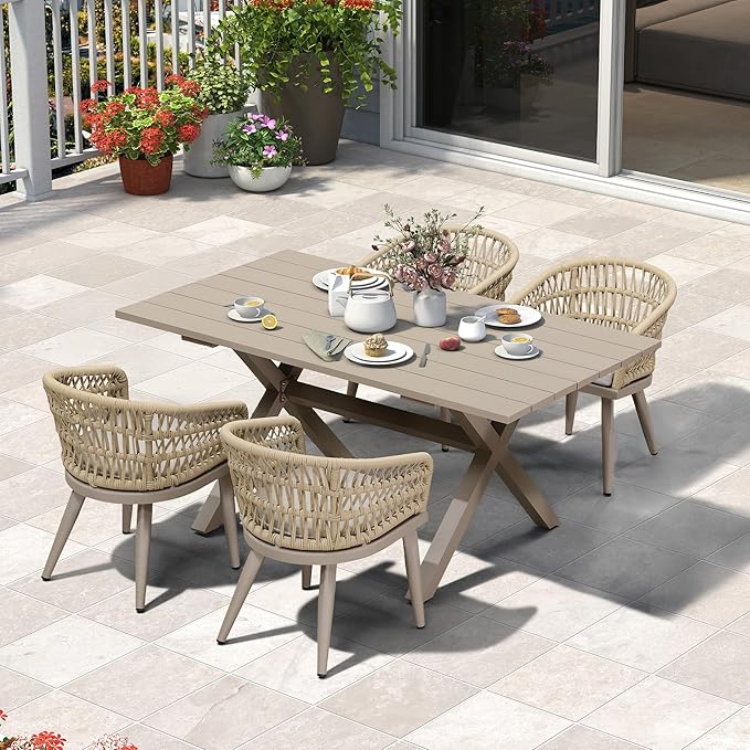 PURPLE LEAF 5 Pieces Outdoor Dining Set All-Weather PE Rattan Outdoor Patio Furniture Set with All Aluminum Frame Rectangular Table and Chairs Set for Lawn Garden Backyard Deck, Champagne