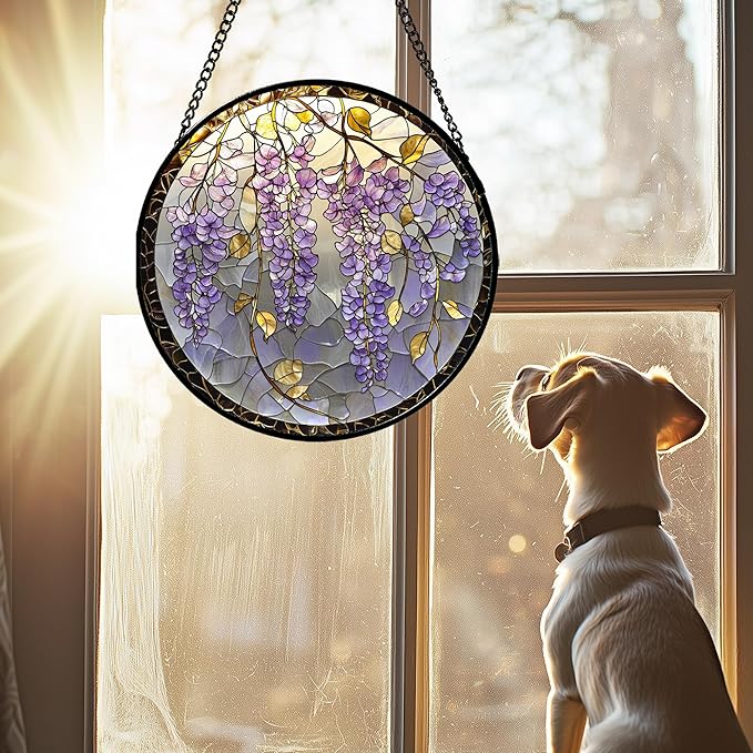 Stained Glass Window Hanging - Wisteria Flower Golden Leaves Sun Catcher for Door Home Decor Plant Suncatcher Christmas Mother's Day Birthday Gifts for Women Men Lovers Mom Nana 9.8 in