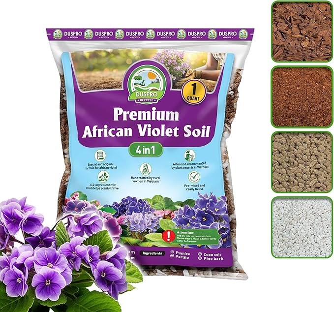 DUSPRO Recycle Premium 4-in-1 African Violet Potting Soil African Violet Soil Blend with Perlite, Coco Peat, Pumice, Pine Bark for Optimal Moisture Retention & Drainage 1QT