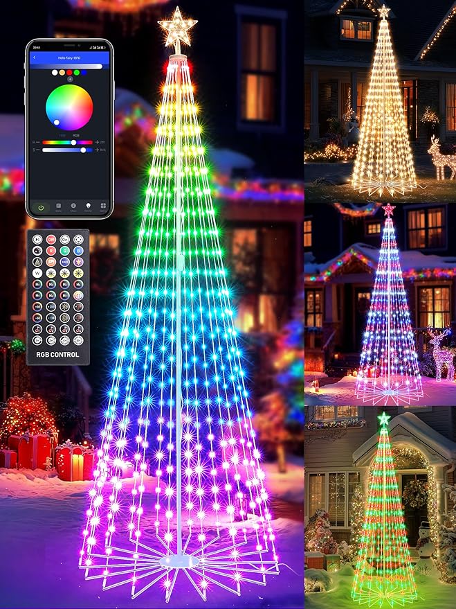 Flacchi 9.8FT Smart Christmas Tree Lights - Star Tree Topper with Removable Bracket, App Control, Sync with Music, Waterfall Colored Lights for Indoor Outdoor Xmas Decorations (9.8FT/ Rope Lights)