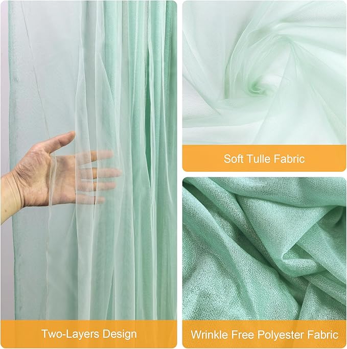 Fomcet Tulle Curtains with Lights String Green 10FT X 10FT Sheer Backdrop Curtains for Parties Wedding Baby Shower Photo Shoot Decorations (2 Panels 5x10FT)
