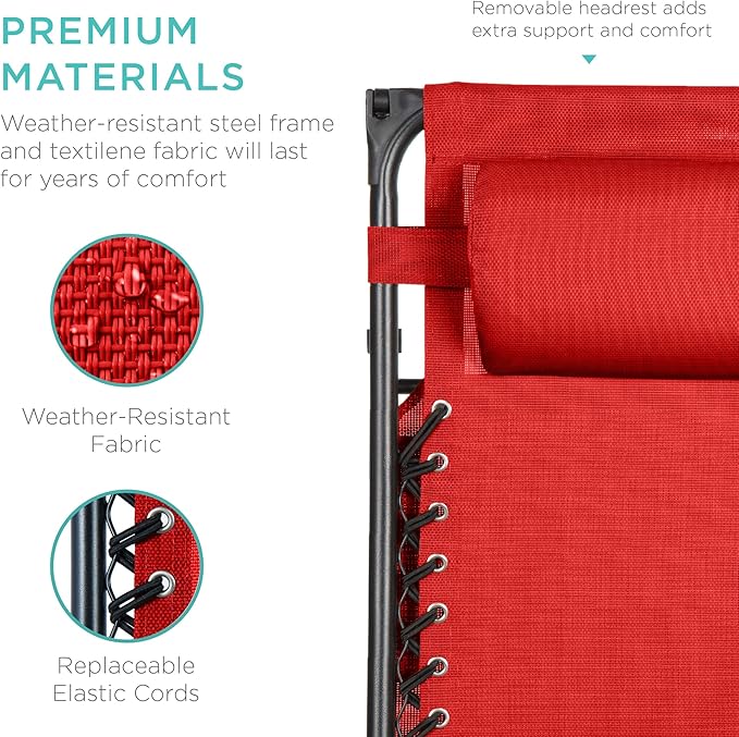 Best Choice Products Folding Zero Gravity Outdoor Recliner Patio Lounge Chair w/Adjustable Canopy Shade, Headrest, Side Accessory Tray, Textilene Mesh - Crimson Red