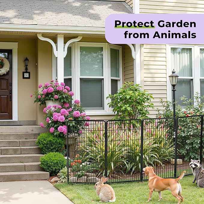 SunsGrove Garden Fence with Gate, 24 in(H) x 14.8 ft(L) 8 Panels Heavy Duty Metal Animal Barrier Fence for Yard, Suitable for Indoor or Outdoor Dog Pet Fence, Garden Fence Border, Black