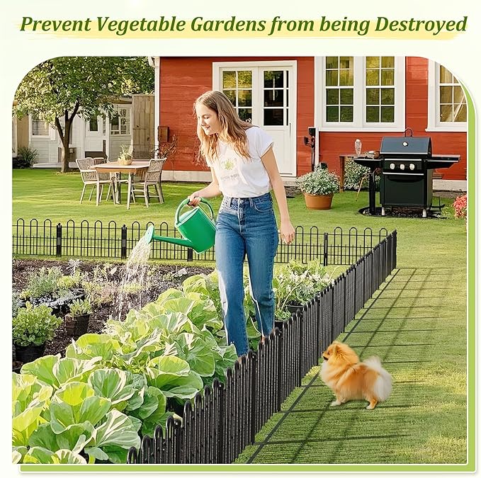 Bepatio Decorative Garden Fence Animal Barrier with Gate, 11.8in (H) x 16ft (L) 10 Panels Dog Fence Outdoor for Yard, Heavy Duty Metal Fence Border, Flower Bed, Easy Setup, Black