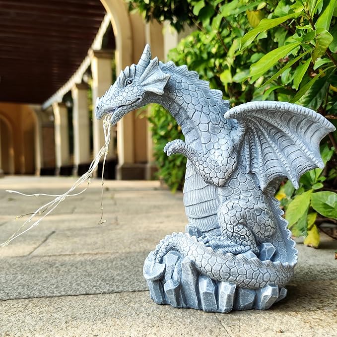 Solar Dragon Garden Statues Outdoor Lights Watering Decor, Resin Dragon Figurine with 30 LED String Lights Lawn Patio Balcony Art Decoration,Housewarming, Birthday,Mothers Day Mom Gifts