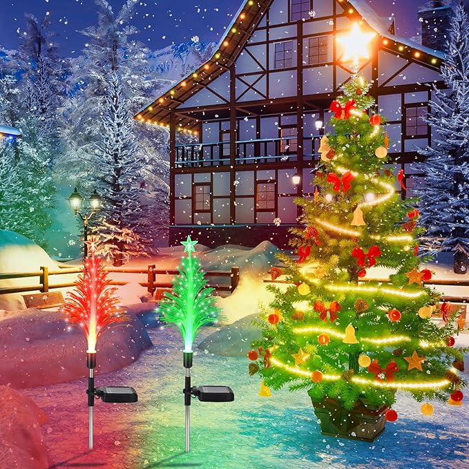 Baquler 2 Pcs Solar Christmas Tree Garden Stake Lights Outdoor Christmas Tree Lighted Yard Decorations Multicolor LED Solar Stakes for Pathway Lawn Patio Xmas Ornament(Bright Style)