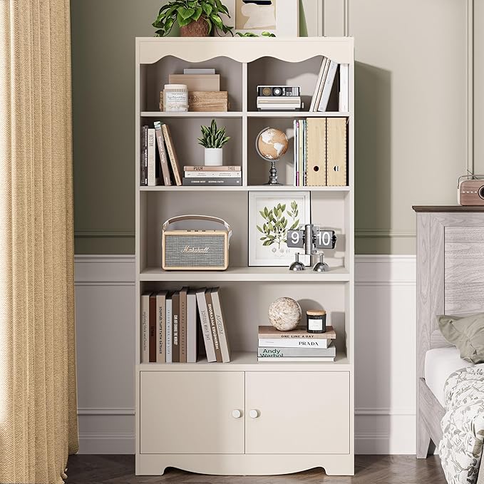 LINSY HOME 5 Shelf Bookcase Wooden, 63" Tall Bookshelf with Doors, Open Floor Standing Cube Shelf Bookcase Libreros, Beige Modern Book Shelf for Bedroom, Living Room, Home Office, White Oak