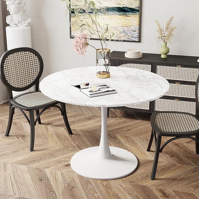 DKLGG White Marble Round Dining Table, 39.1" Tulip Kitchen Dining Table for 4-5 People with MDF Table Top & Pedestal Base, Mid-Century End Living Room Table