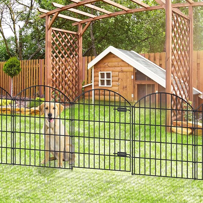 Metal Garden Fence with Gate 36in (H) x 23.3ft (L), 1 Gate+ 9 Panels Dog Fence Border Fence Animal Barrier, No Dig Garden Fencing for Yard Flower Bed Lawn Patio Outdoor, ECG3610, Black